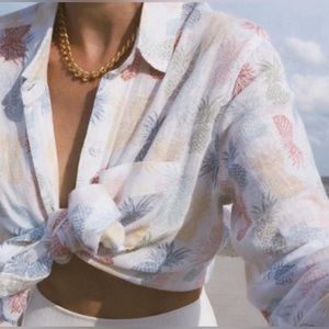 Rails Charli Rainbow Pinas Linen Blend Pineapple White Button Down Size XS